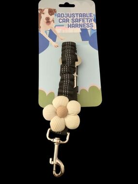 Adjustable Black Dog Seatbelt Harness Leash with Cream Flower NWT